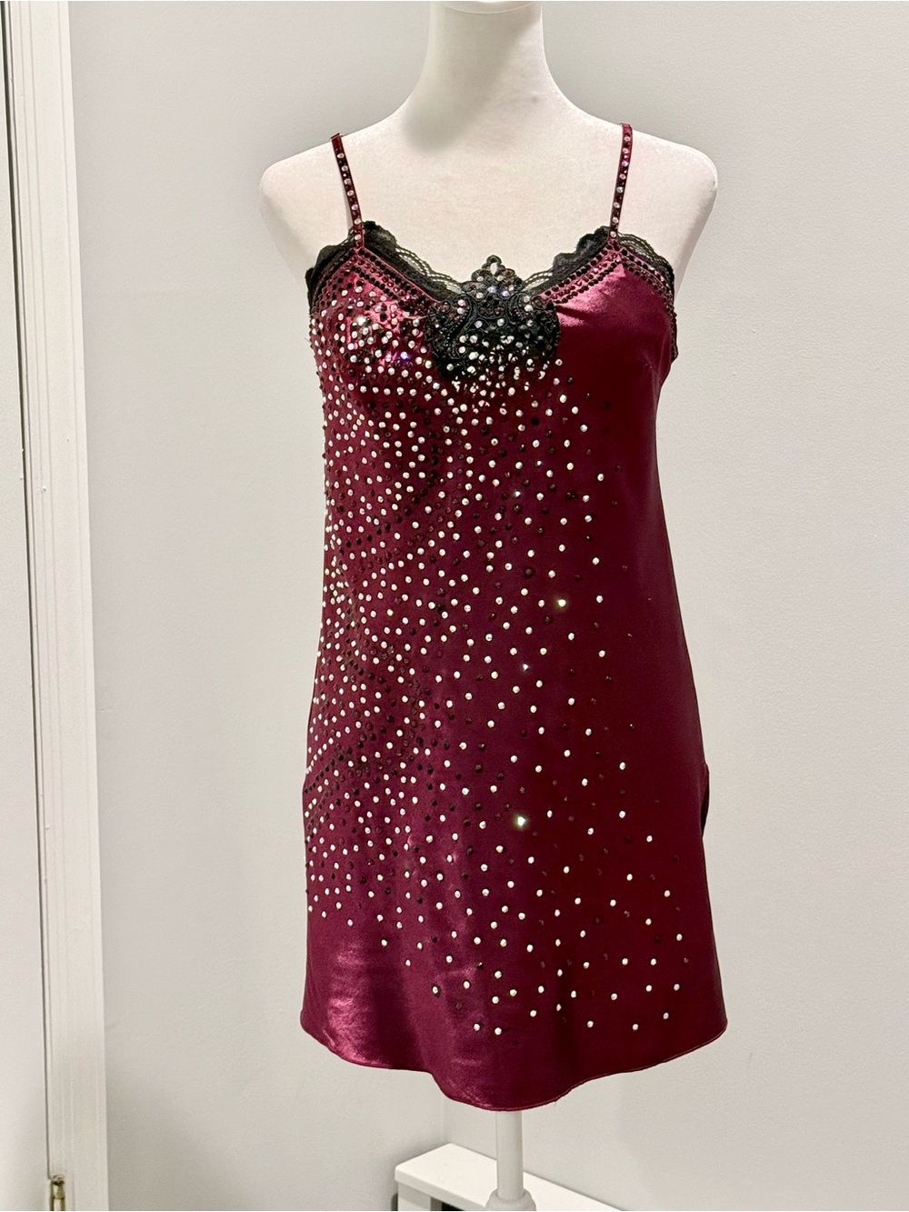 Women's Custom Dance Costume-Satin Embellished Wine with Black Lace (Small)